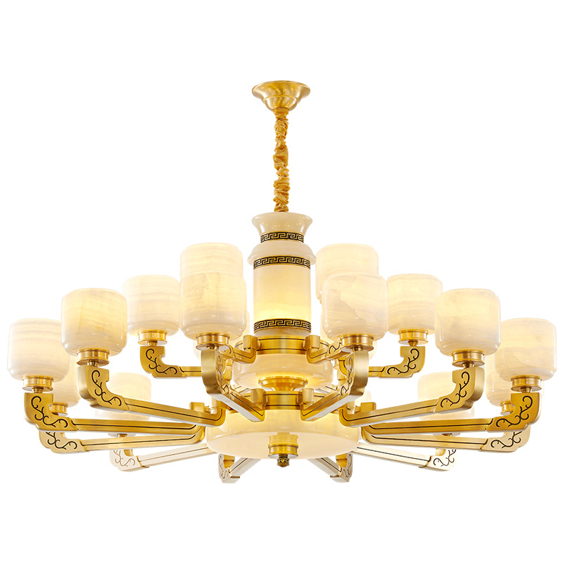 New Chinese-style chandelier, all-copper jade living room and dining room lamp, Chinese-style real jade lampshade, villa duplex marble lamp Item Picture