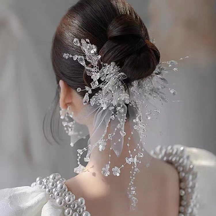 Stylish Yarn Mesh Crystal Beaded Flower Pair Clip Sensen With Sweet Everything Edge Clip Accessories Specification drawing