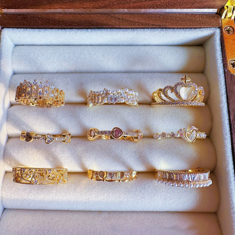 中古爱心锆石叠戴珍珠戒指女不掉色小众高级轻奢个性百搭新品批发