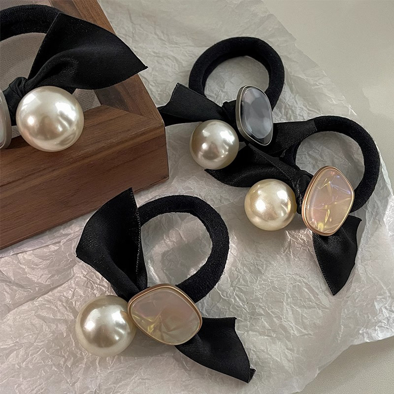 Korean high-end bow pearl hair tie 2025 new style hair band leather band women's hair tie details Picture