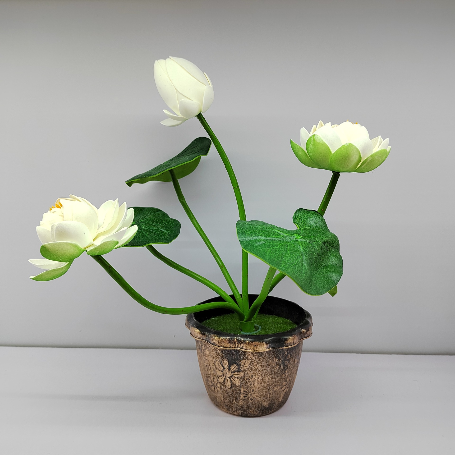 Simulated copper pot lotus indoor decoration ornamental bonsai, PU material simulated green plant ornaments, photography props Specification image