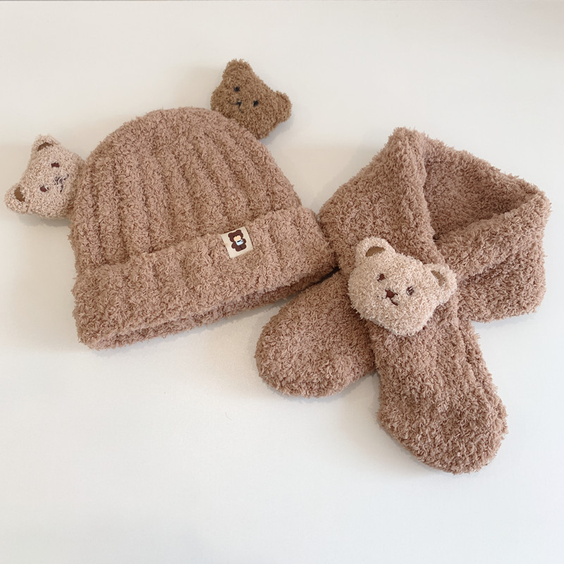 2022 Bear Fur Hat Autumn And Winter Baby Scarf And Hat One Two-Piece Children's Warm Ear Protection Knitted Hat Application Scenario