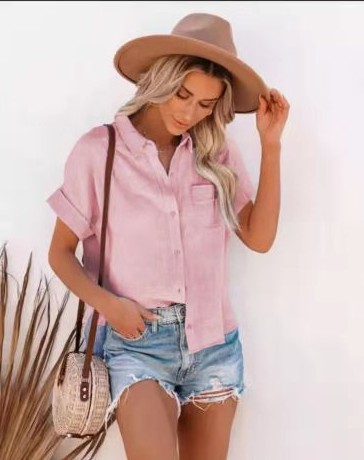 2021 Summer Women's bestsellers on eBay and Amazon: Cotton and linen shirts, short-sleeved women's lapel button shirts Item Picture