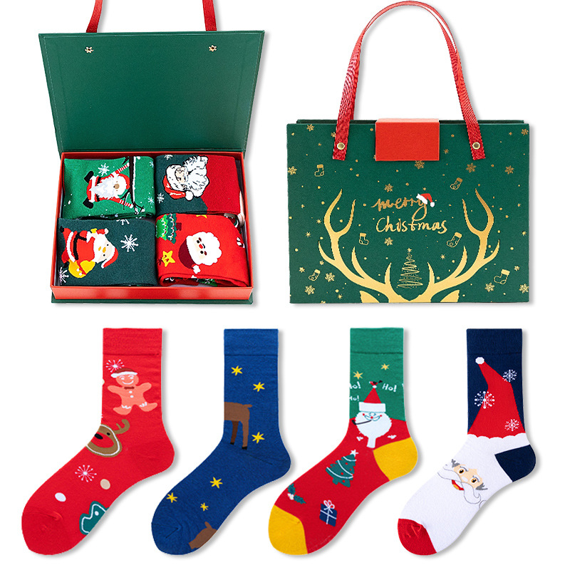 4 pairs of Christmas sock gift box set, European and American cross-border Santa Claus Snowman cartoon cotton socks, wholesale Christmas socks details Picture
