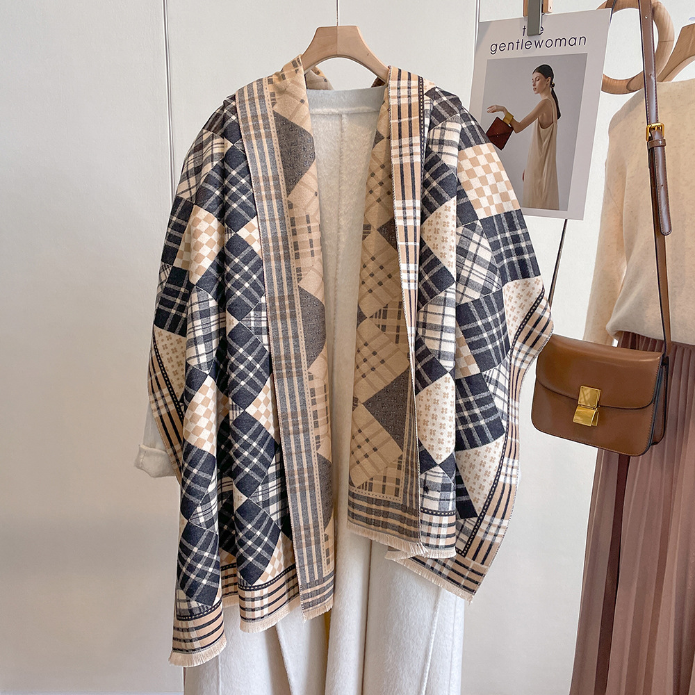 Autumn-Winter Simple Scarf Women's Plaid British Style Print Double-Sided Matching Color Bib Lengthened Thick Pulled Hair Shawl Cape