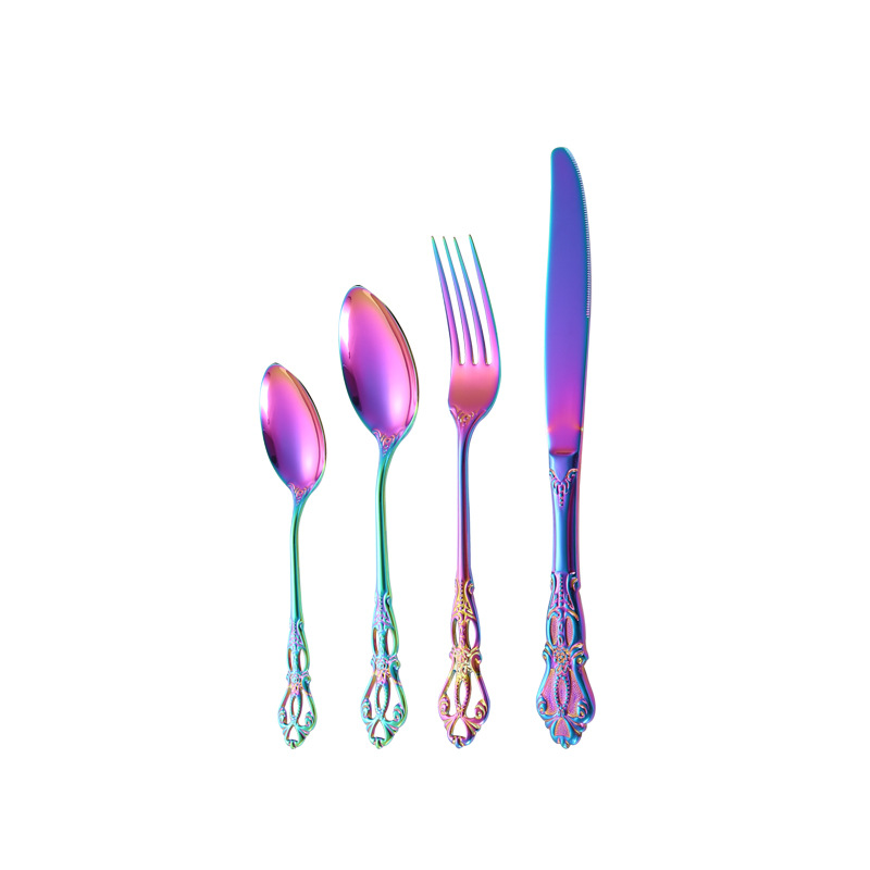 304 stainless steel knife, fork and spoon Western tableware Creative Imperial Court retro relief steak knife, fork and spoon four-piece set gift box Item Picture