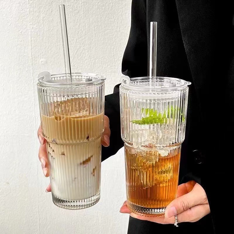 高颜值冷饮杯果汁咖啡杯带盖带吸管竖条纹玻璃杯水杯ins风大容量
