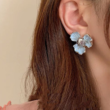 明星同款花朵锆石耳环S925银针蓝色鸢尾花高级感甜美耳钉耳饰女