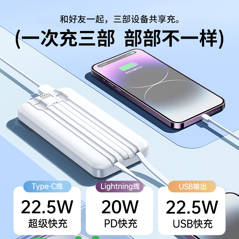 The PL20 power bank comes with a built-in cable, features an ultra-large capacity, is ultra-thin, compact and portable, and is fully compatible with a 200mah fast charging power bank Specification image