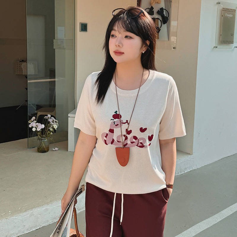 Plate-size women's round-neck jacquard knitted top, Spring 2025 collection, loose and casual short-sleeved T-shirt for chubby girls, 22892