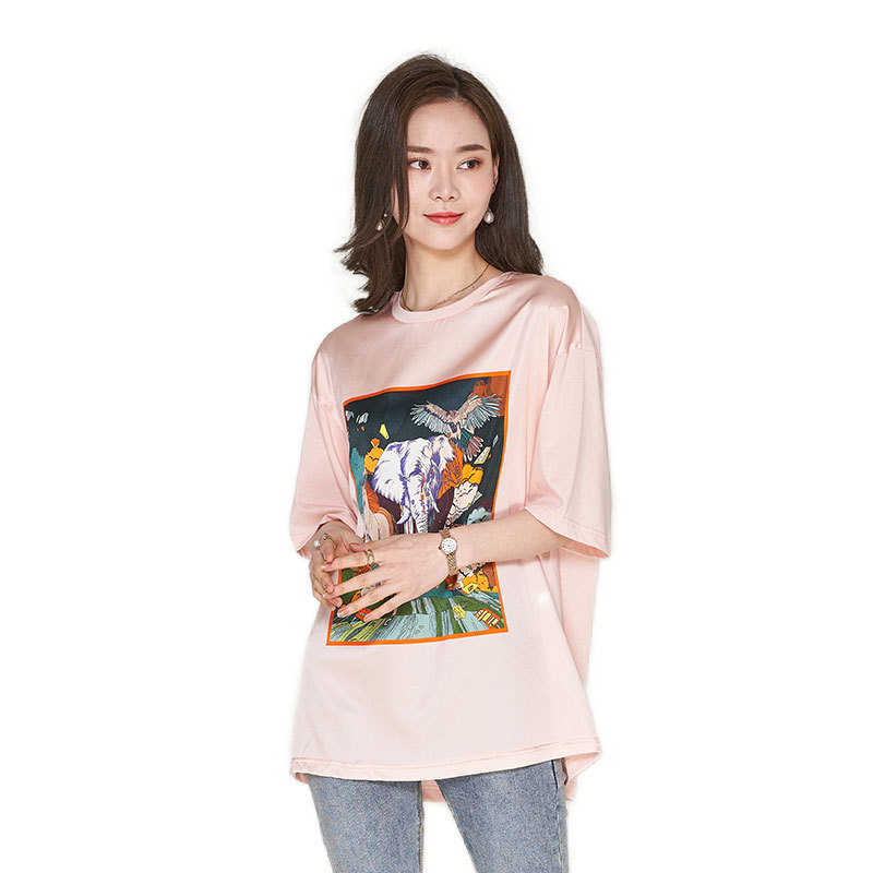 Heavyweight silk top, mulberry silk short-sleeved T-shirt, women's summer 2022 new style base layer, round-neck printed women's wear Item Picture