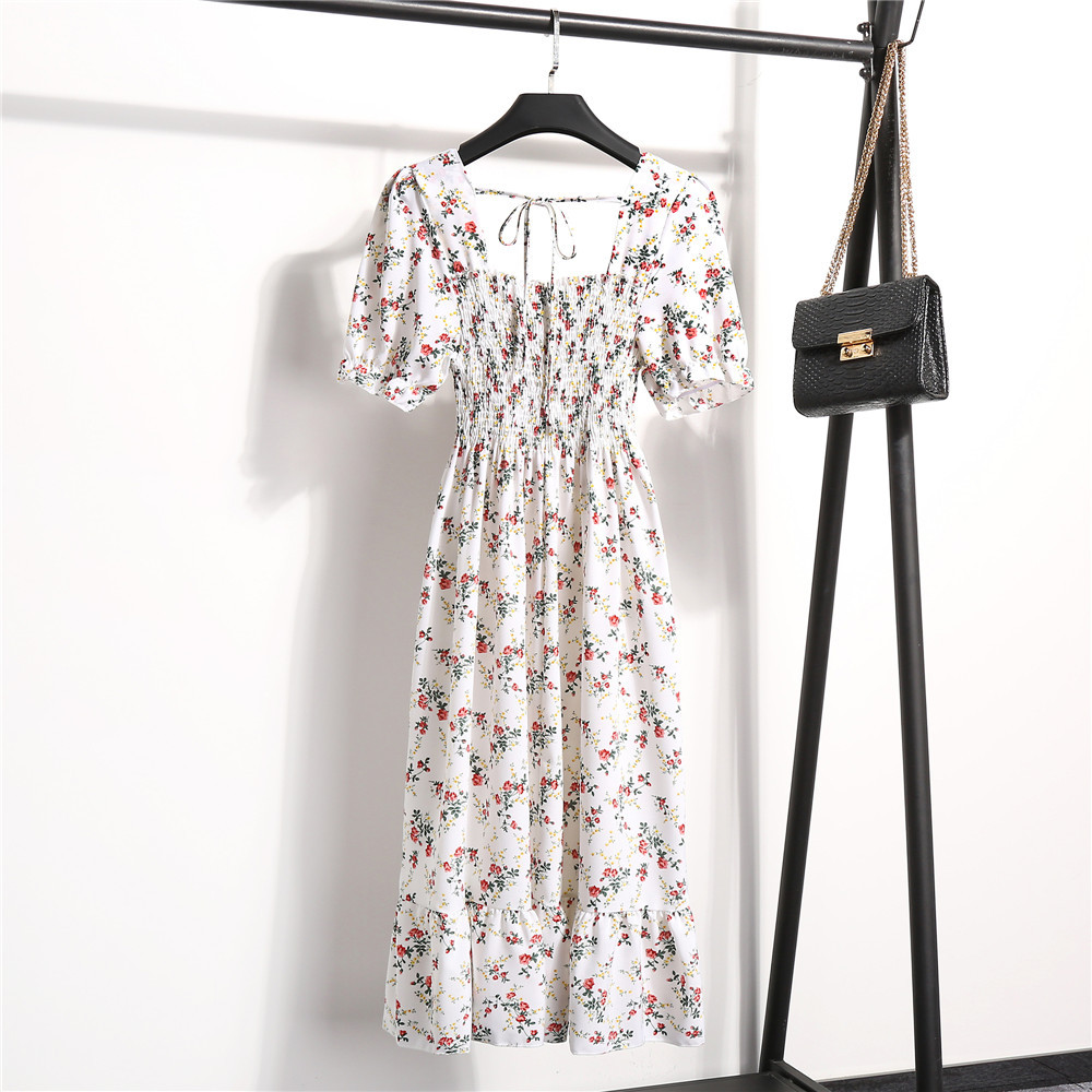 Sweet French square neck pleated waist slimming floral high-waisted dress for summer 2021 women's wear Specification image