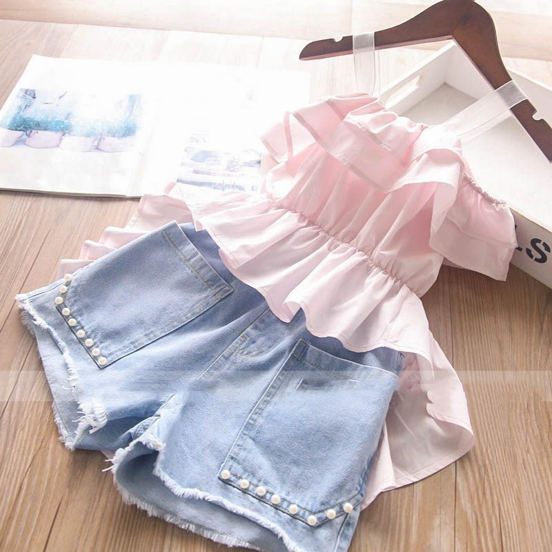 Ancorelala Children's Wear 2021 summer new fashion halter dovetail skirt top and denim shorts two-piece set Specification drawing