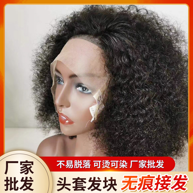 外贸跨境欧美头套发块蕾丝真人发头套假发 蓬松男女士卷发假发套