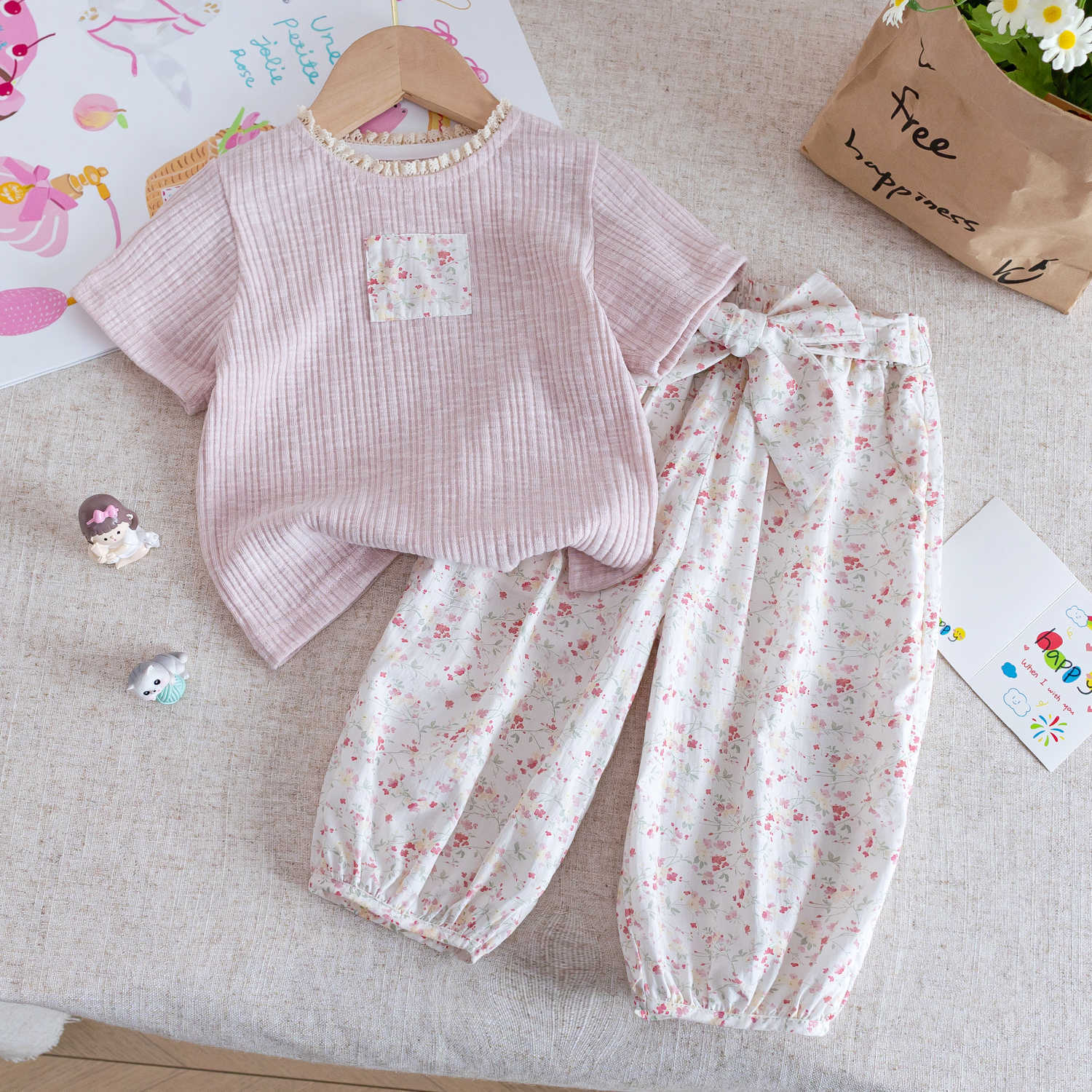 女童套装2025新款夏季儿童韩版甜美碎花短袖T恤女宝宝花边裤套装