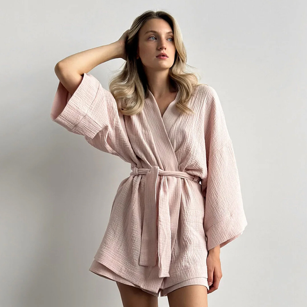 Autumn and winter bathrobe sets, European and American long-sleeved pajamas, crepe short bathrobes, sweat saunas, bathrobes, casual women's home wear
