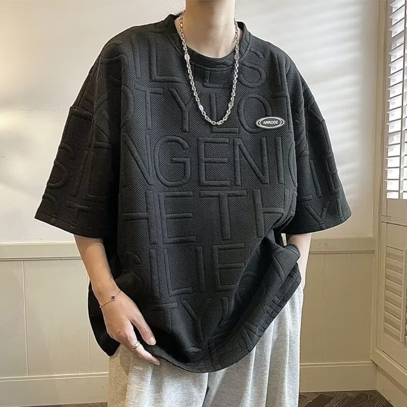 Summer jacquard short-sleeved T-shirt from the original manufacturer, a loose and heavy half-sleeved Hong Kong-style trendy couple's versatile T-shirt