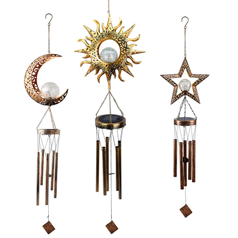 Cross-Border Solar Garden Moon Wind Chimes Light Solar Wind Chimes Pendants Wrought Iron Hollowed Out Outdoor Garden Landscape Decoration