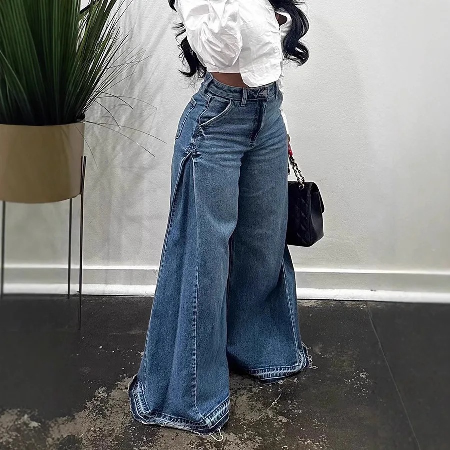 Cross-border 2026 new spring retro European and American style wide-leg women's jeans, flared pants and fringed trousers