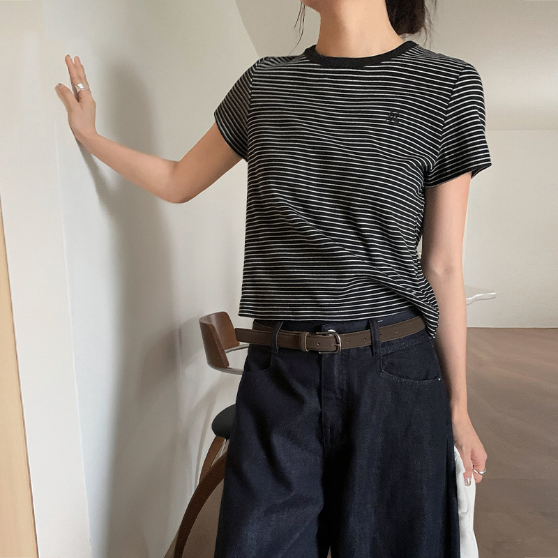 TG Casual striped cotton-feel T-shirt for women 2025 Autumn New Style with small embroidery round neck off-the-shoulder short-sleeved top 25614
