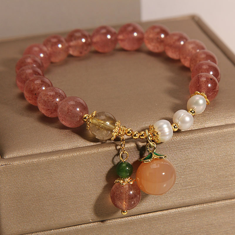Natural freshwater pearl strawberry crystal bracelet for women, a niche and light luxury forest-themed salt source peach bracelet, student best friend jewelry Specification image