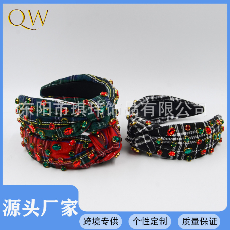 Qiwei Accessories' exclusive Christmas fabric knot Christmas hairband with European and American Scottish style for women, simple and versatile Christmas style, festive style