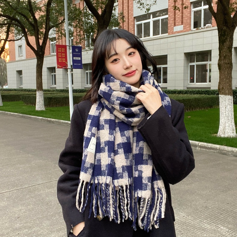 New Mixed Color Checkered Scarf For Women Autumn And Winter Korean Version Of The Tassel Bib Extra Long Thick Warm Student Shawl details Picture
