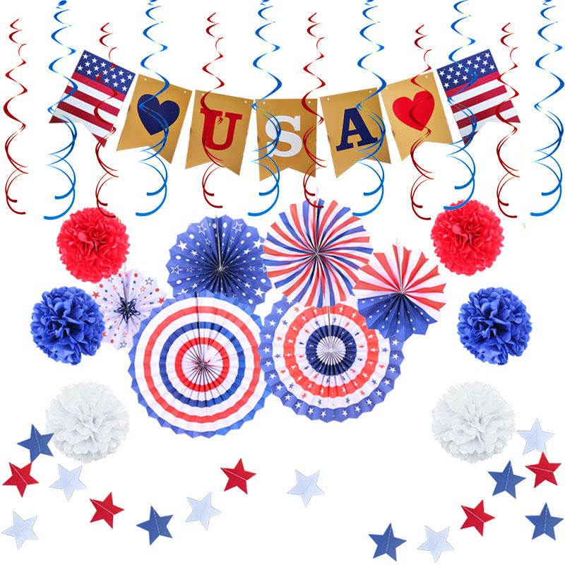 美国独立日场景装饰美国国庆派对装饰独立日气球纸扇花纸流苏套装图