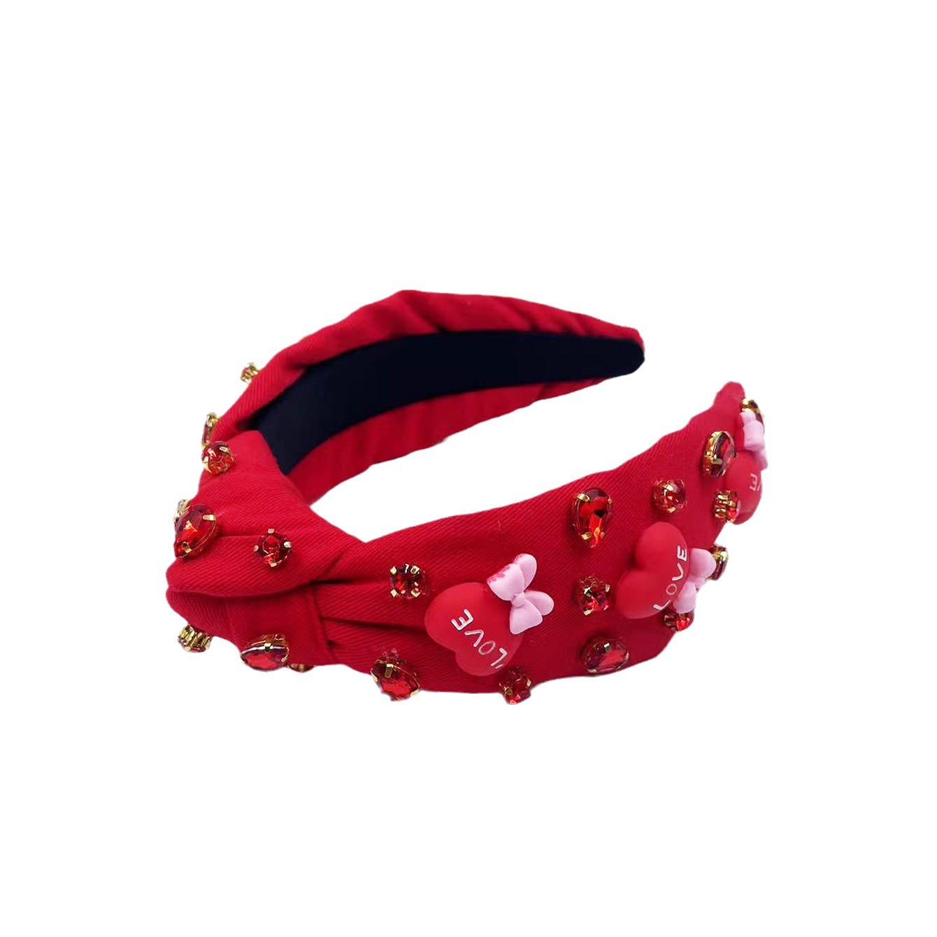 Qiwei Accessories Exclusive Qiwei Accessories Exclusive Qiwei Accessories Original New Style large heart, large bow, Valentine's Day diamond-encrusted red and pink high head knot wide edge fashionable hair band Item Picture