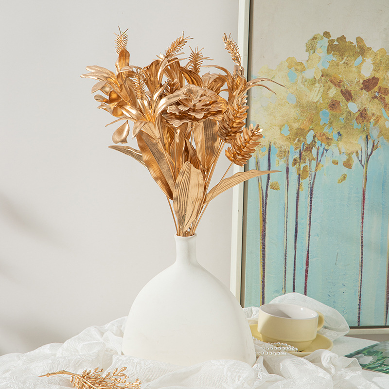 Gold Department Simulation Flower Eucalyptus Ginkgo Leaf Gold Fake Flower Home Decoration Wedding Hall Layout Plastic Flower Wholesale Specification drawing