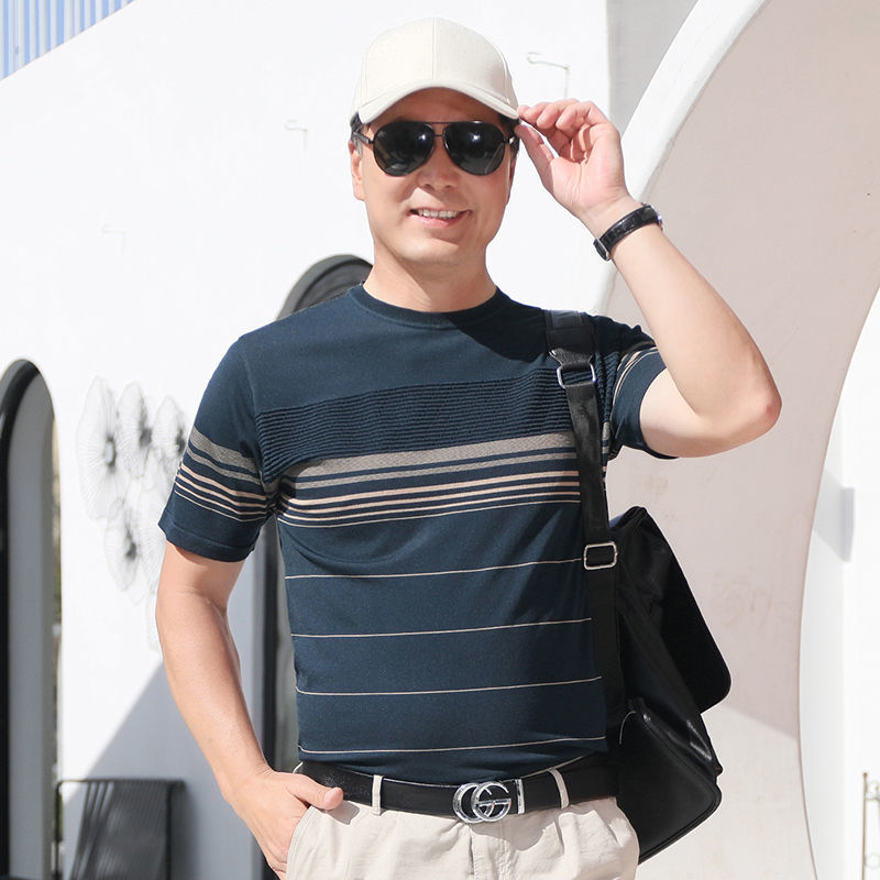 Dad's short-sleeved shirt, men's loose base layer shirt, middle-aged and elderly round-neck summer wear, summer casual men's top trend Specification image