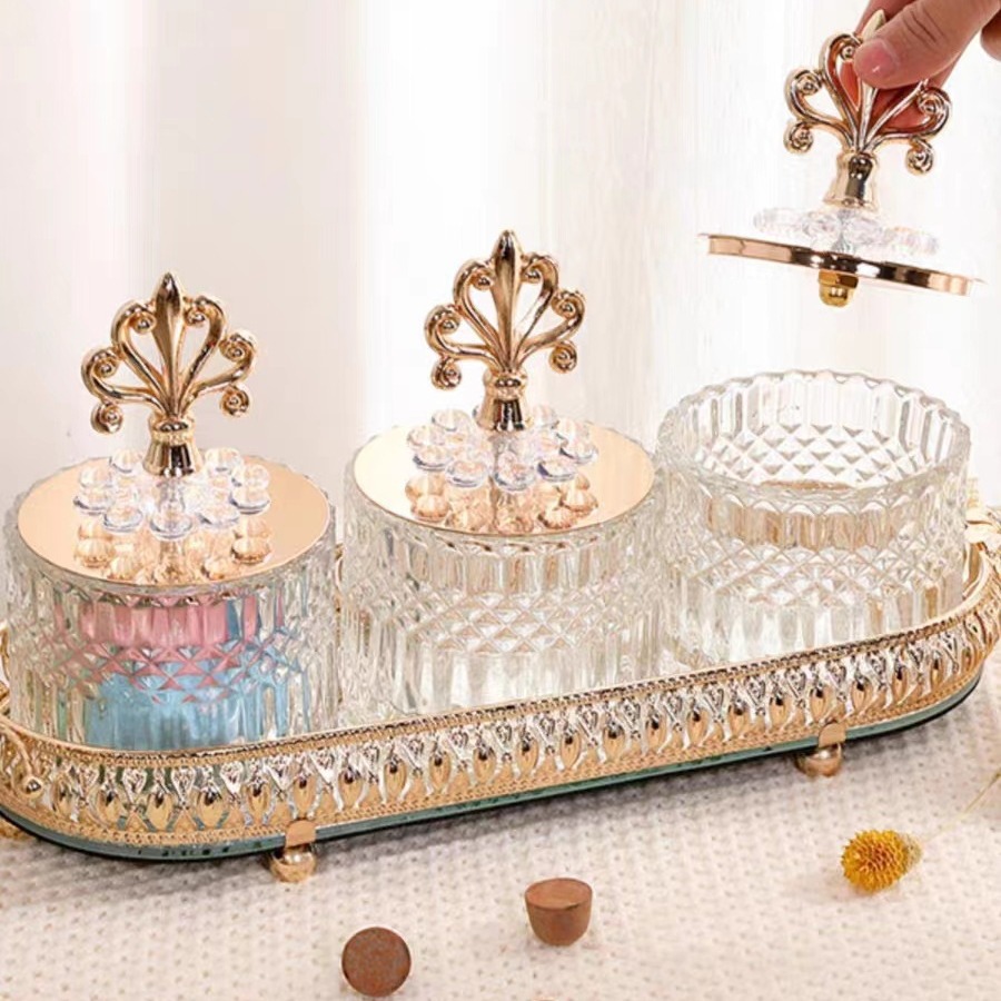 European Decoration Glass Candy Jar Phnom Penh Decorative Glass Crafts Electroplated Sugar Jar Four-Piece Furniture Storage Application Scenario