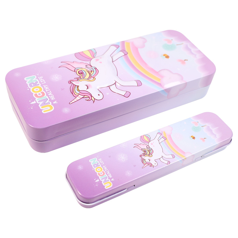 Xiaolingjing's new cartoon unicorn double-layer large-capacity tin stationery box, student pencil case and pencil case, simple and niche, a must-have for junior high school students Item Picture