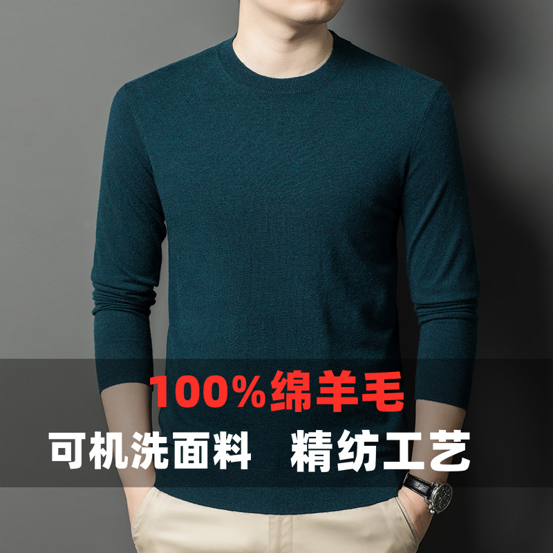 Machine-washable fine-spun wool sweater for autumn, 300g pure wool men's wool sweater, round neck warm knitted sweater details Picture