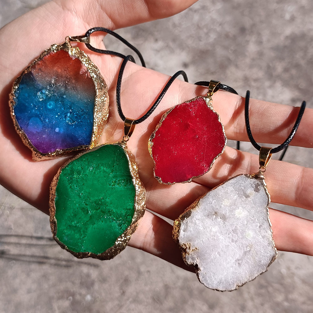 Wholesale of natural crystal stone seven-color electroplated crystal agate sheet raw stone pendants and irregularly shaped necklace pendants details Picture