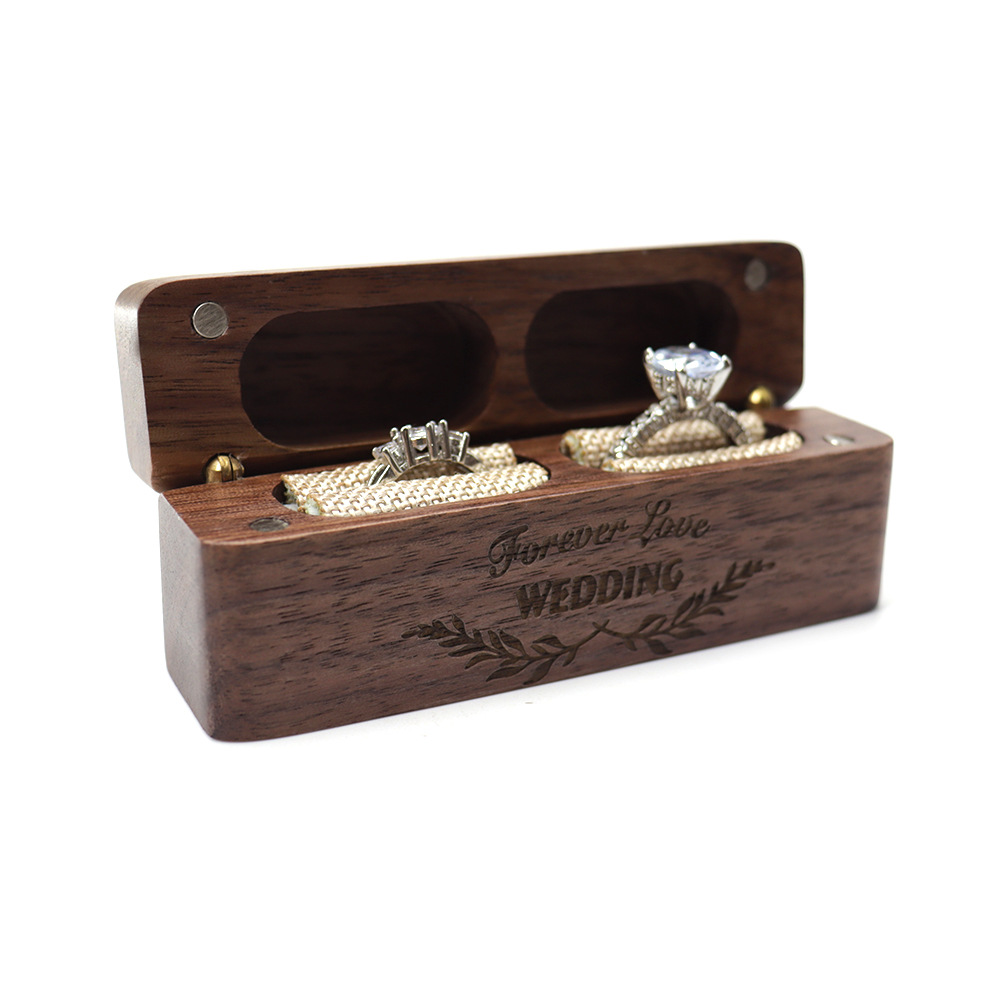 Solid wood black walnut long Wedding ring box, laser wedding engagement ring, ring storage box, packaging, velvet cloth bag Specification drawing