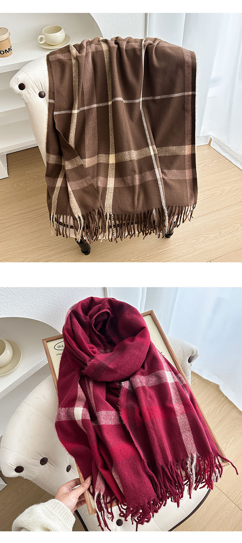 外贸加厚格子围巾秋冬季仿羊绒女围脖保暖拼色条纹流苏送闺蜜披肩详情18