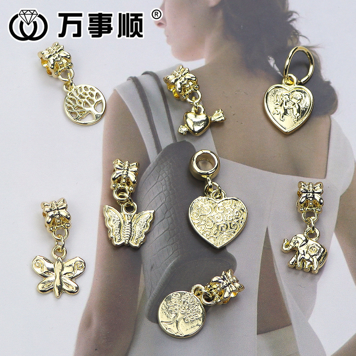 Cross-Border New Light 16K Gold Hanging Galvanized Alloy Jewelry Diy European And American Bracelet Beaded Jewelry Accessories Wholesale