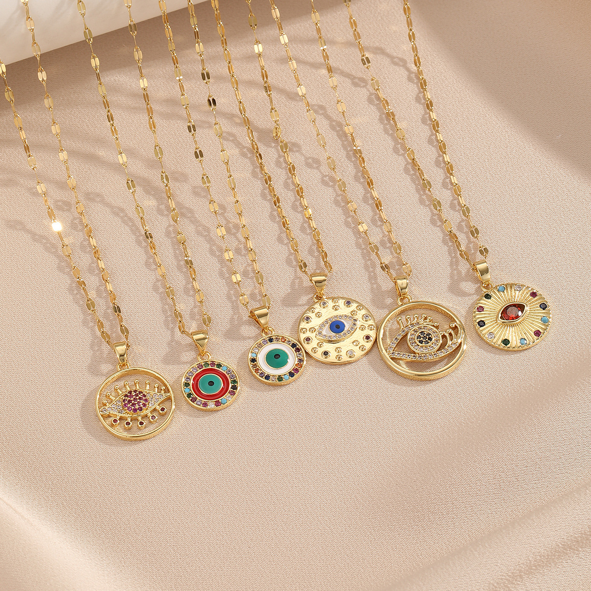 Cross-Border Europe And The United States Retro Copper Inlaid Color Zirconium Round Necklace Stainless Steel Chain All Women Accessories Devil's Eye Pendant details Picture