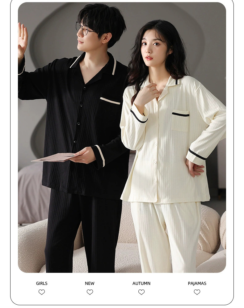 Spring and autumn couple pajamas for women, autumn for men, home wear, long-sleeved shirts, long pants sets, cardigans with front buttons and lapels, casual and home-style pic 60