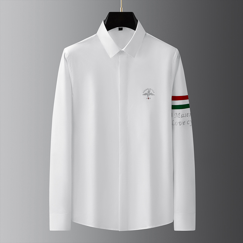 Light luxury and fashionable men's flocked red and green embossed diamond head shirt, high-end casual no-iron embroidered base long-sleeved shirt details Picture