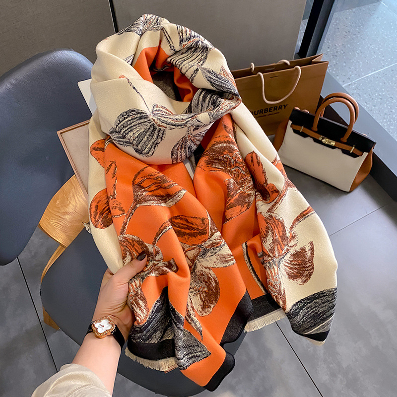 New autumn and winter color-block magnolia flower fashion faux cashmere scarf for women, Korean style versatile and elegant scarf, warm shawl pic 28