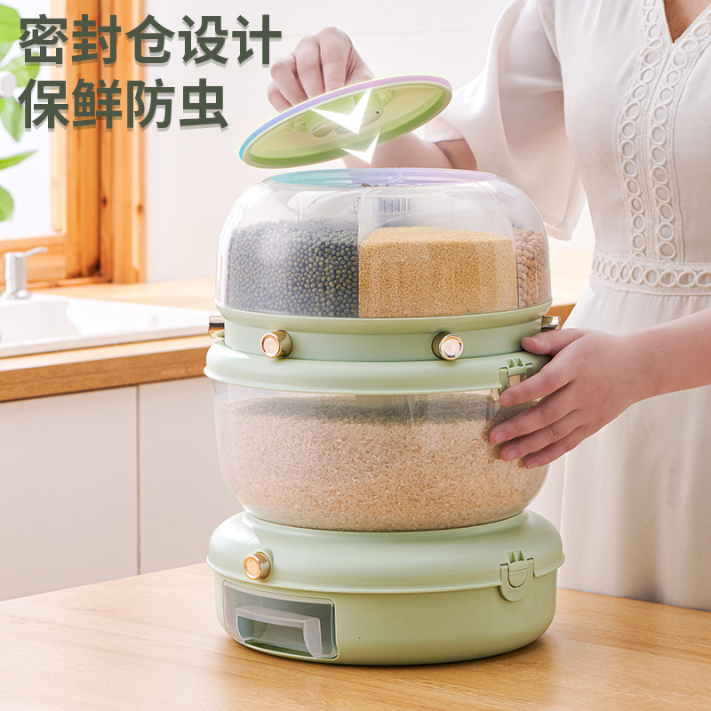 Rotating seal rice storage bucket, multi-compartment nano storage cabinet, press-type moisture-proof and insect-proof coarse grain rice bucket details Picture
