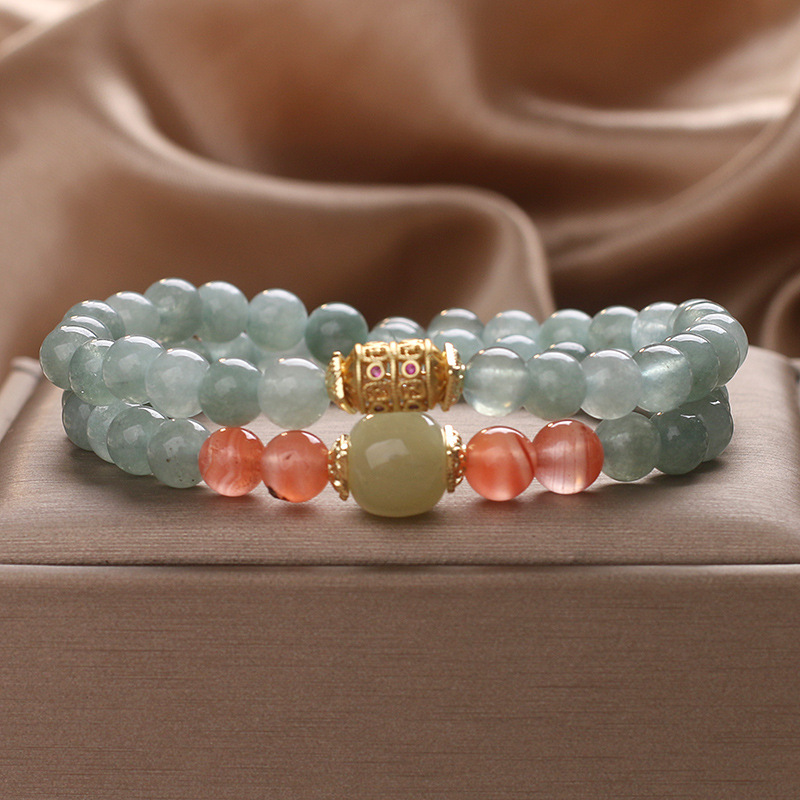 新中式油青翡翠南红玛瑙串珠手链女款轻奢复古双圈叠戴手串