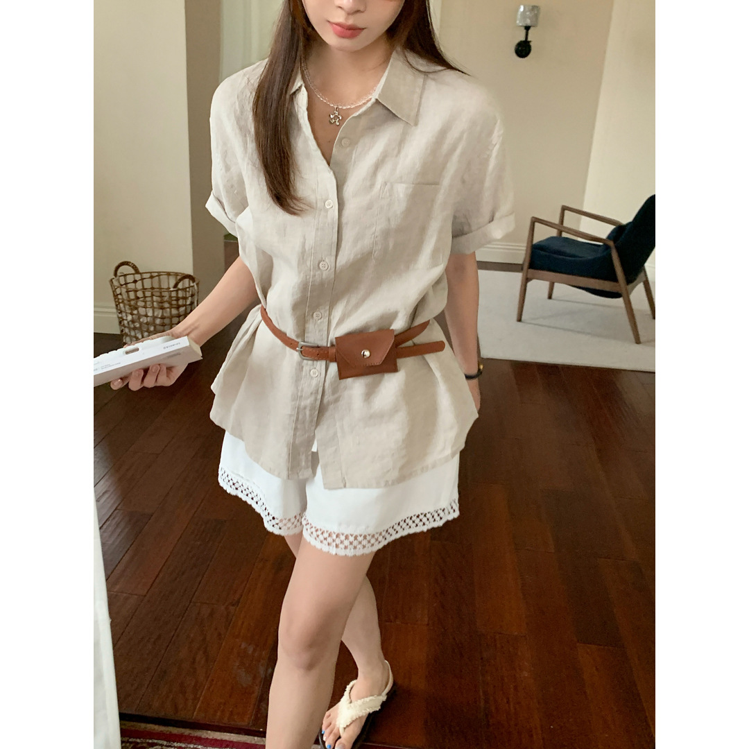 GAGD linen short-sleeved shirt for women, summer design, old money style, versatile, commuting, casual and elegant shirt details Picture