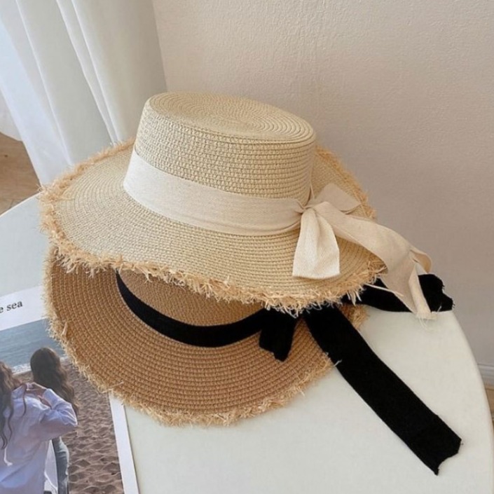 Bow Straw Hat Flat Straw Hat Braided Large Brim For Women Summer Vacation Beach Sunshade Hat details Picture