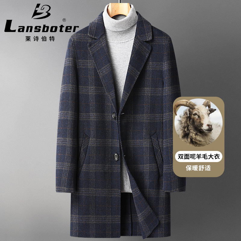 Autumn and winter trend check double-sided woolen overcoat, men's thickened mid-length woolen overcoat, windbreaker, woolen coat details Picture