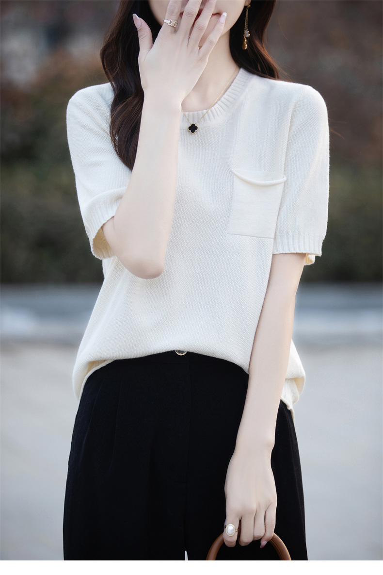 纯棉线女圆领短袖针织T恤衫带兜套头宽松显瘦夏季新款全棉上衣详情27