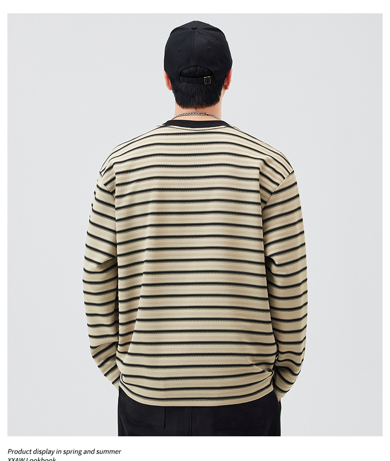 Black striped long-sleeved T-shirt for men, a loose and contrasting color round soul base layer top from the 2025 autumn fashion brand pic 11