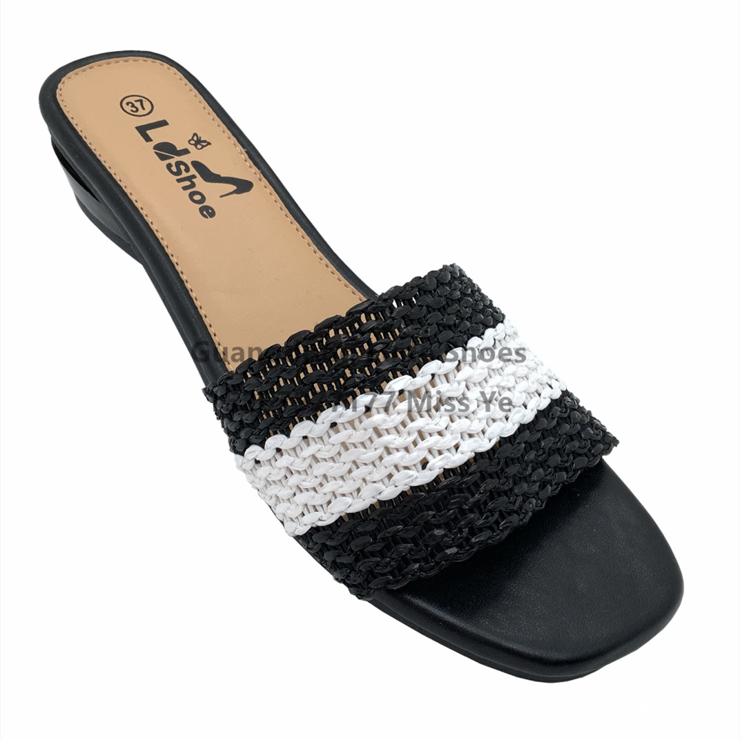 2022 New Summer Square Head Woven Breathable Slippers Women's Wedges Flip-Flops Guangzhou Women's Shoes Craft Shoes Sandals Sandals Women Item Picture